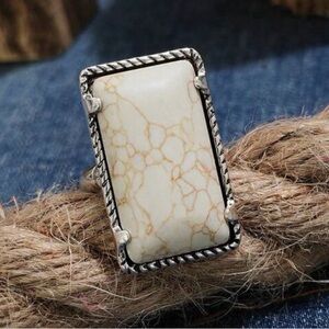 Western Ring Rectangular White turquoise Stone Ring with Silver Setting Cowgirl